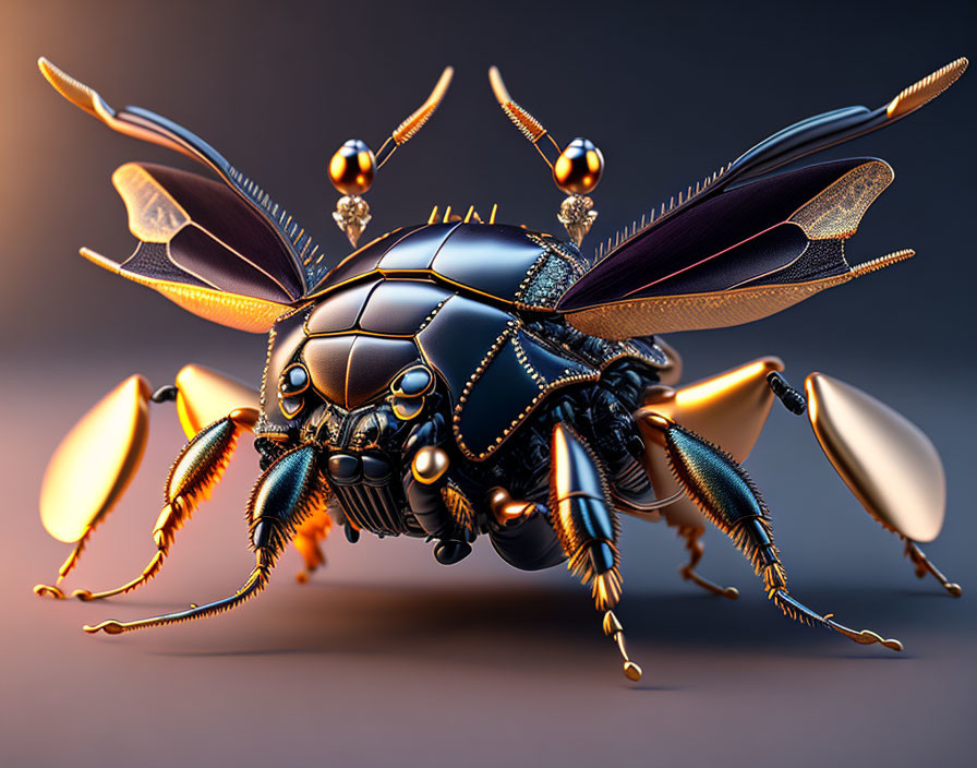 Detailed Digital Mechanical Insect with Golden and Silver Accents