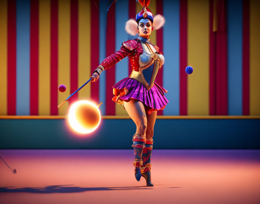 Colorful 3D rendering of female circus performer juggling in vibrant tent