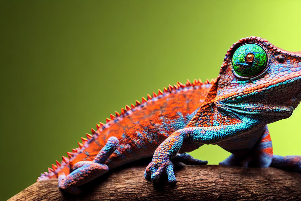 Vibrant blue and orange chameleon on branch against green backdrop