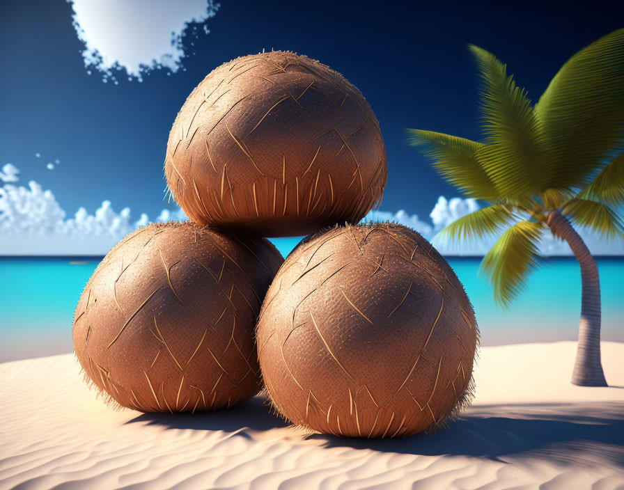 Pyramid formation of three coconuts on sandy beach