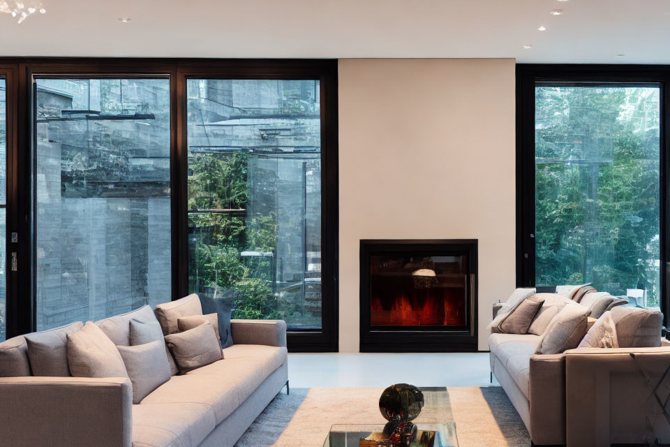 Contemporary living room with grey sofas, fireplace, large windows, glass coffee table