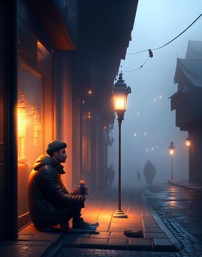 Twilight scene with person holding drink by shopfront and glowing streetlamp