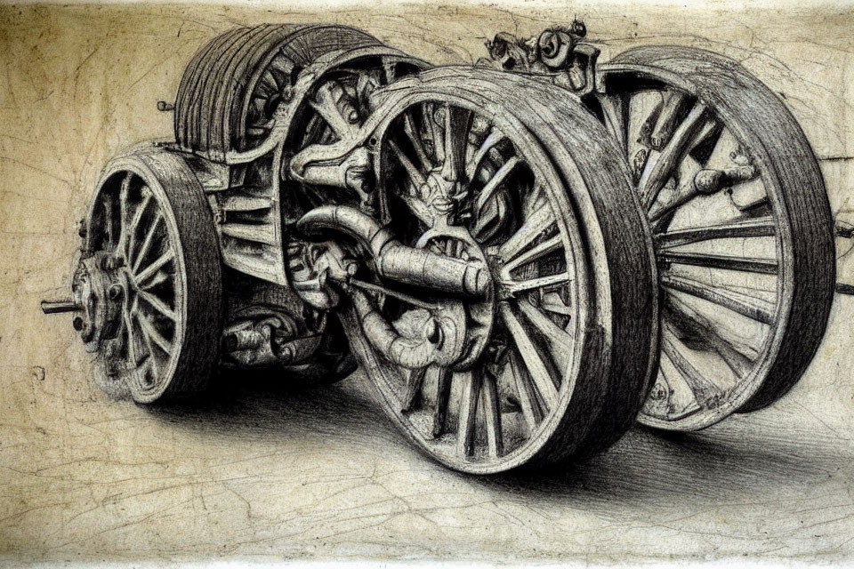 Detailed Sketch of Classical Cannon Carriage with Wooden Wheels and Robust Axel