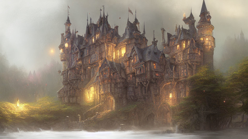 Majestic fantasy castle with spires in misty forest by flowing river