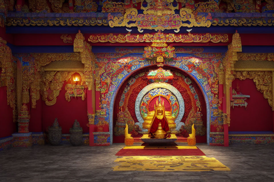 Colorful Buddhist Temple Interior with Golden Buddha Statue