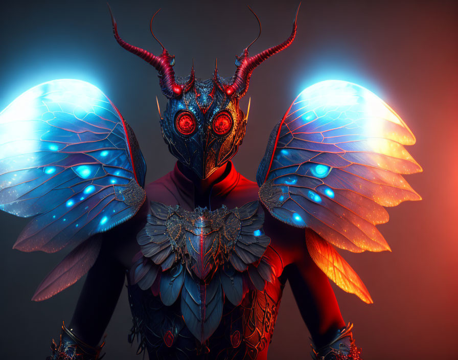 Fantastical creature with glowing red eyes, ornate blue wings, and intricate horned headpiece