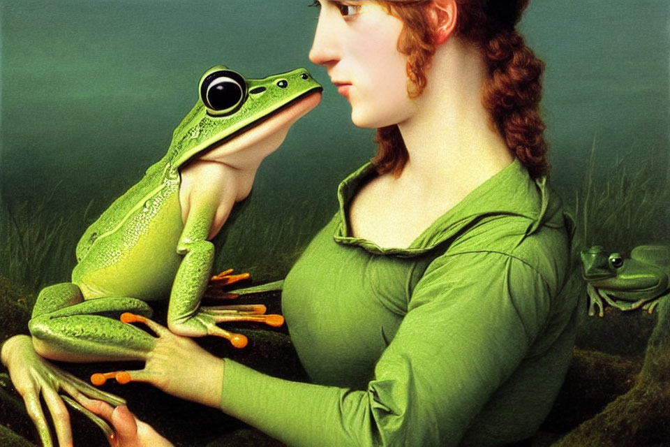 Surreal artwork featuring woman holding green frog