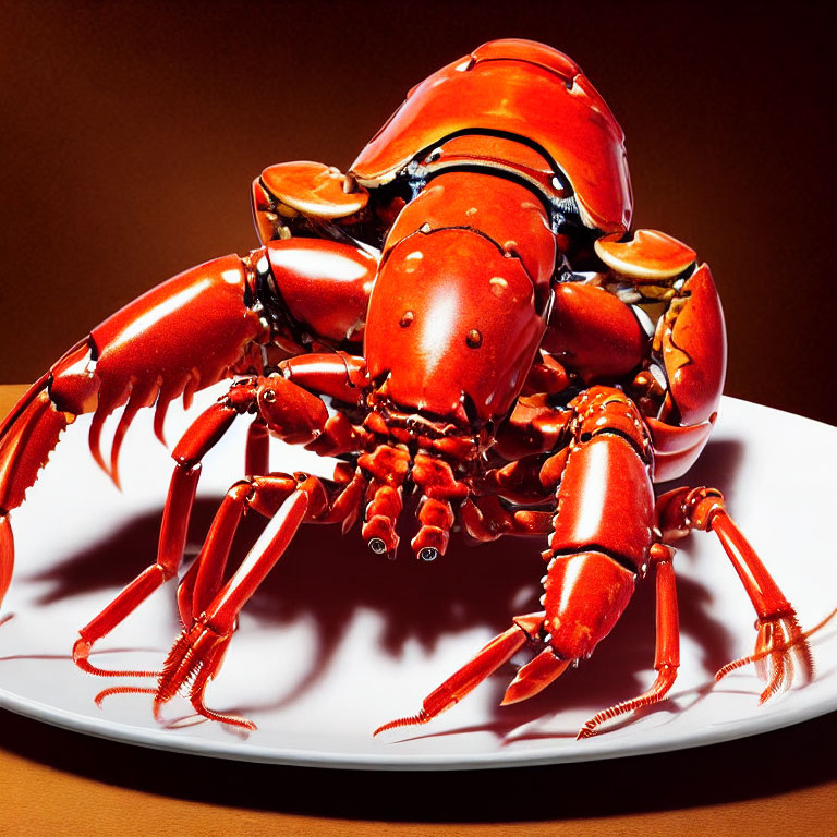 Bright Red Lobster on White Plate Against Orange Backdrop