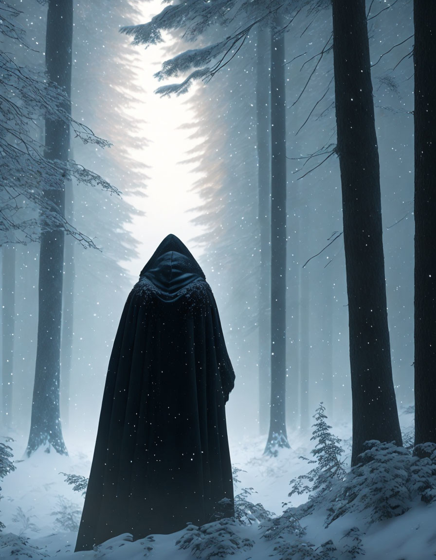 Cloaked figure in snowy forest gazes at bright gap in tree canopy