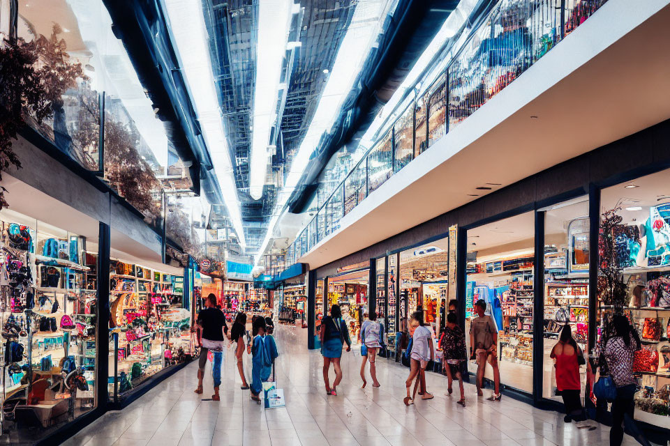 Brightly-lit modern mall with storefronts and high ceiling