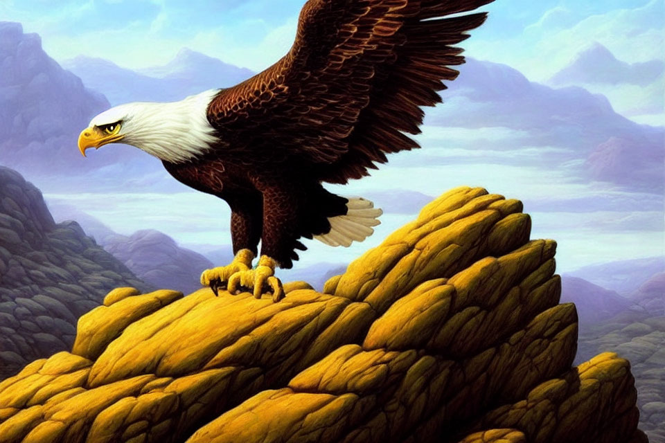 Majestic bald eagle perched on rocky outcrop with blue mountains.