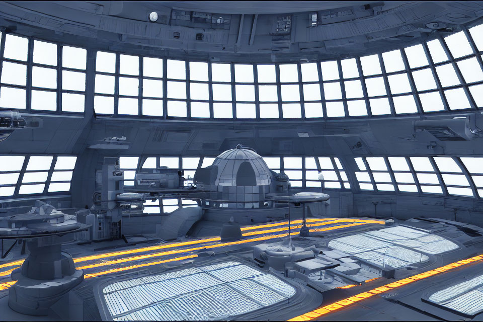 Futuristic control room with domed ceiling and panoramic windows