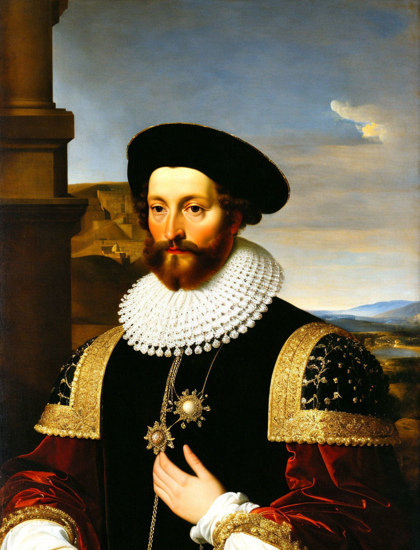 Bearded man in black and gold outfit with white ruff, pendant, and hat, against landscape