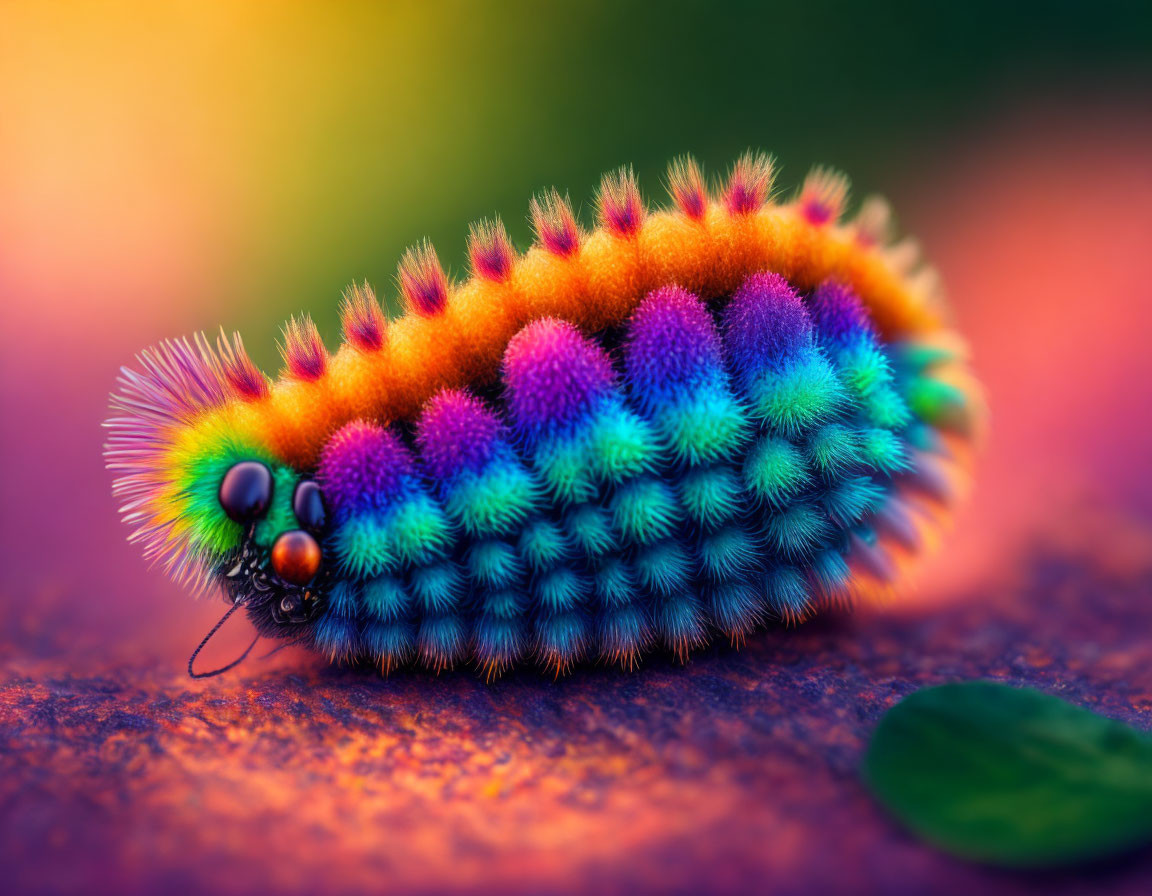 Vibrant Orange, Purple, and Green Caterpillar on Textured Surface