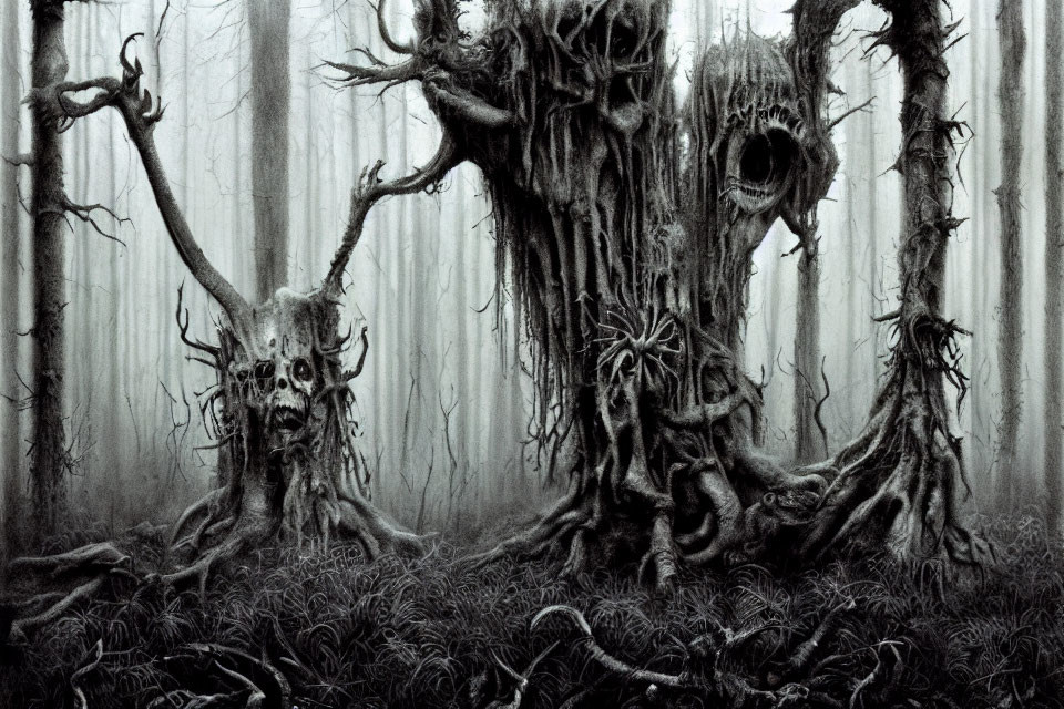 Monochrome drawing of eerie forest with twisted, anthropomorphic trees