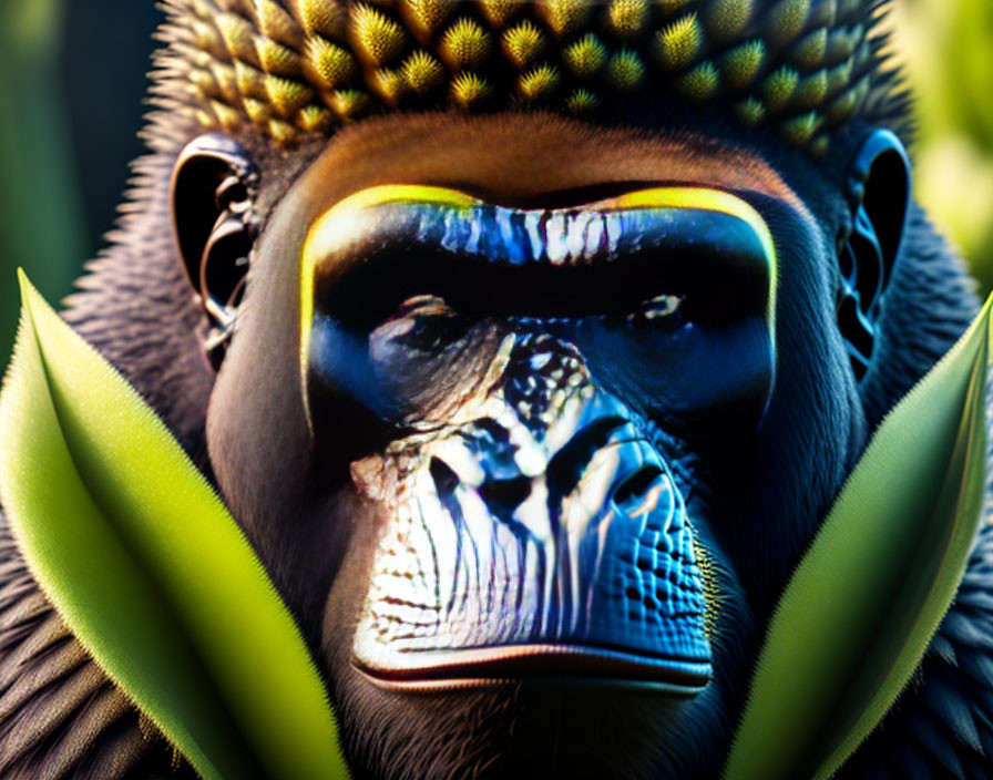 Stylized gorilla with blue and gold face on dark background with green leaves