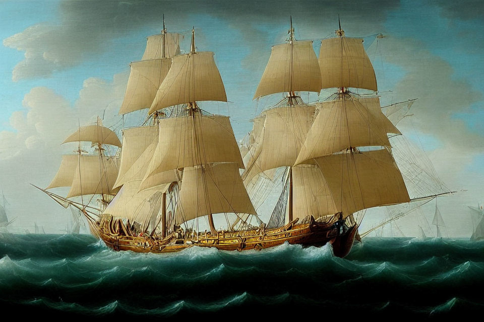 Large sailing ship with multiple masts and full sails navigating wavy seas under cloudy sky