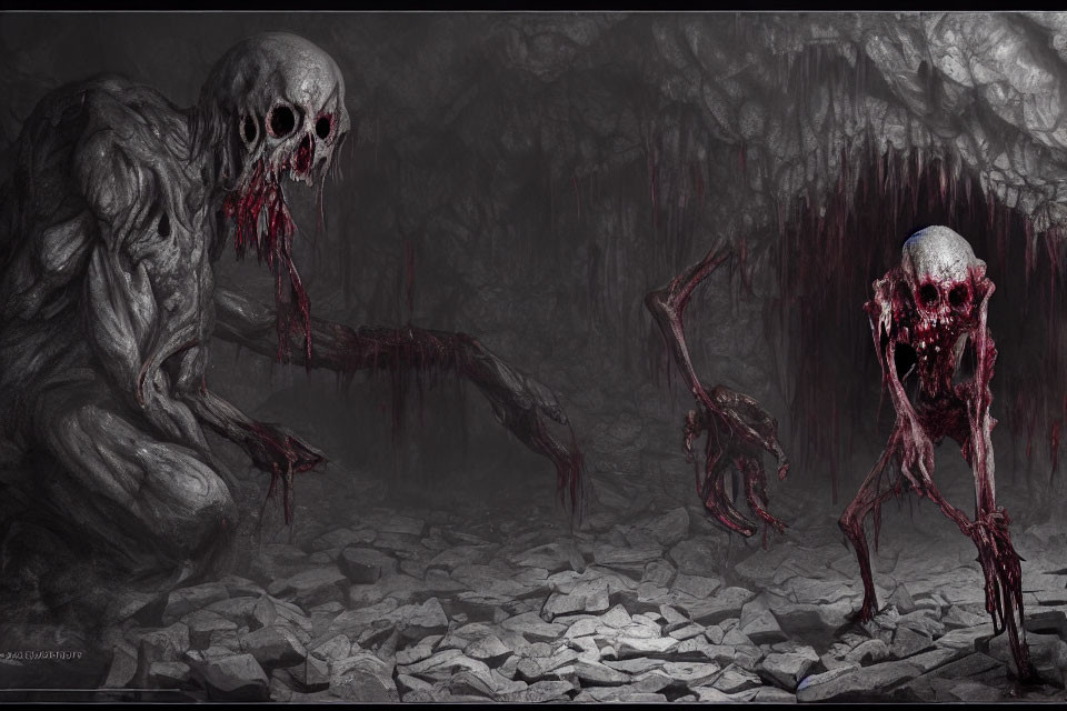 Elongated-limbed skeletal creatures in dark cavernous setting