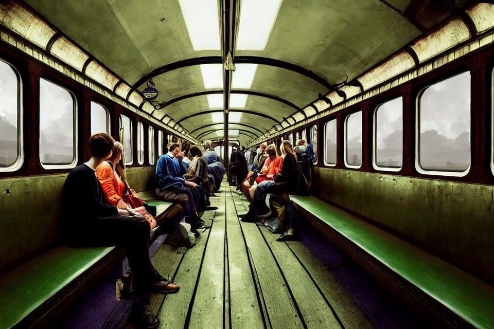 Vintage train carriage interior with passengers on benches and large windows