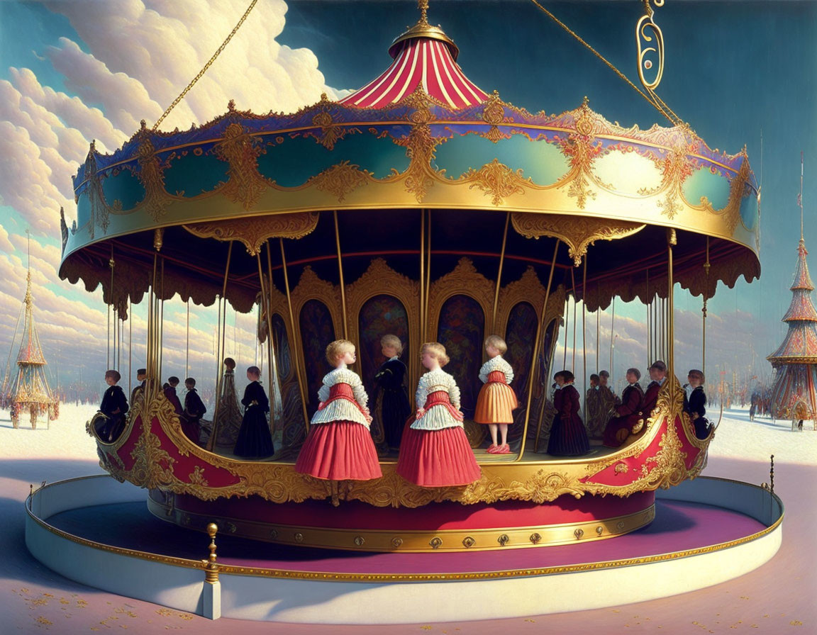 Vintage Carousel with Elegantly Dressed Children on Snowy Day