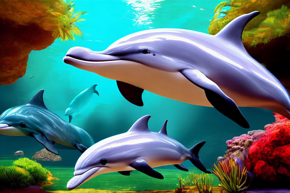 Vibrant coral reef scene with animated dolphins and colorful fish