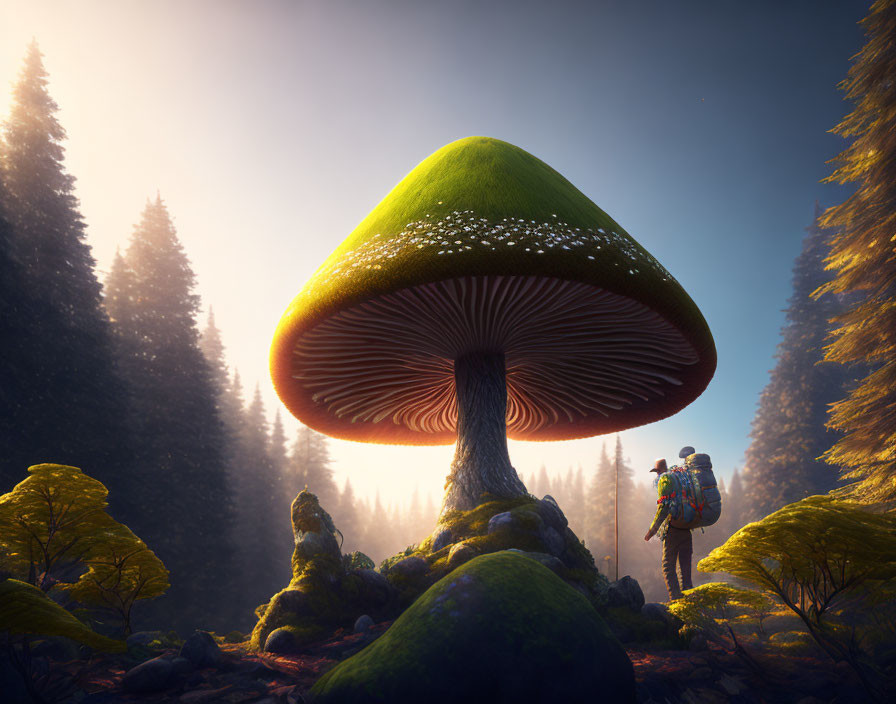 Person with backpack under giant mushroom in mystical forest scene.