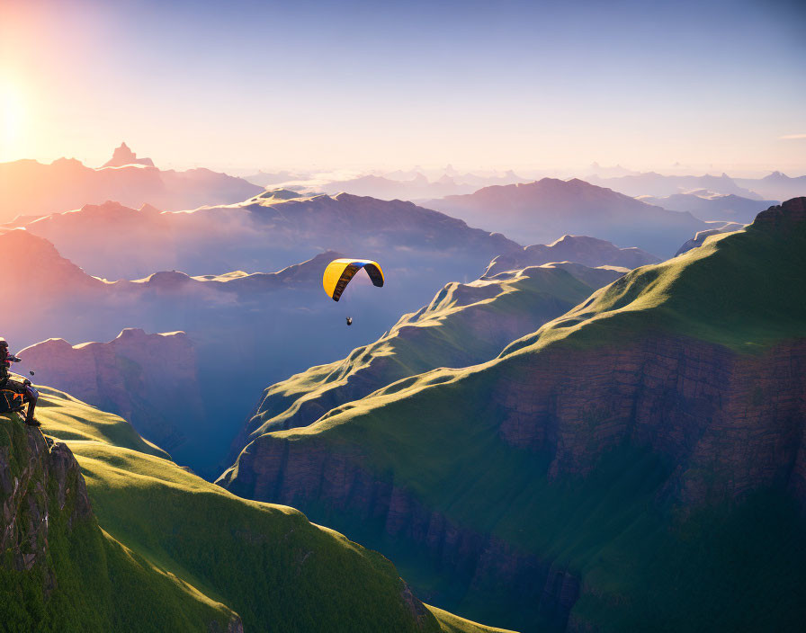 Scenic sunrise paraglider over green hills & valleys