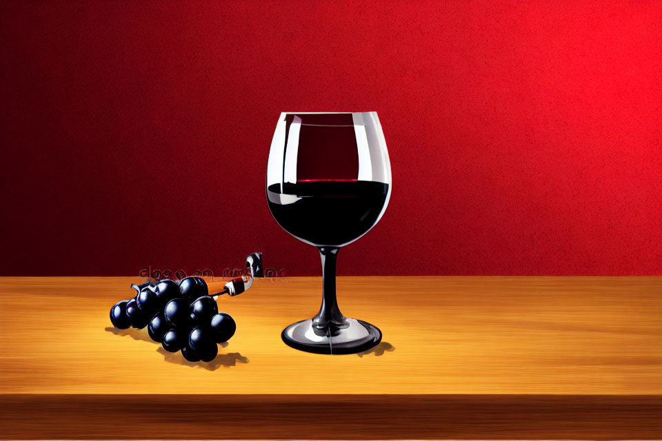 Glass of Red Wine with Grapes on Wooden Table Against Red Background