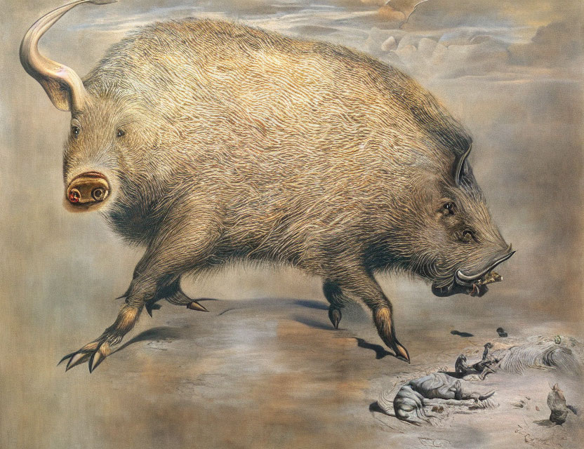 Large Boars with Prominent Tusks in Symbolic Landscape