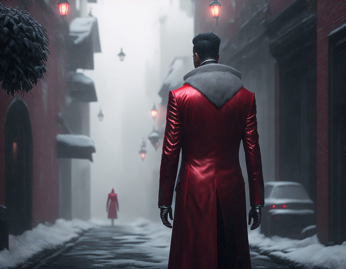 Man in red coat with fur collar in snowy alley facing child in red coat