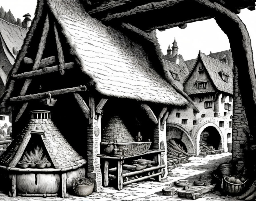 Monochrome medieval village scene with thatched-roof structures, forge, archways, and old tools