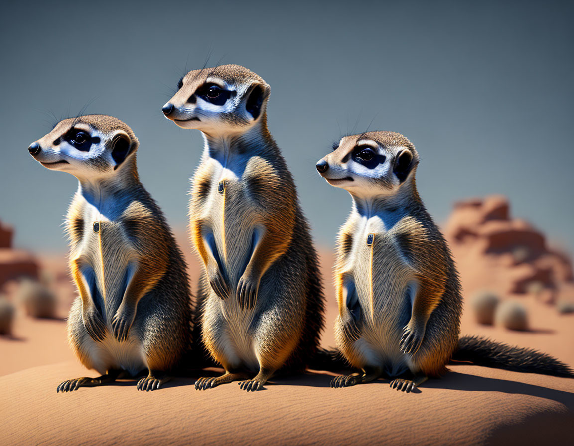 Three meerkats in desert with alert expressions