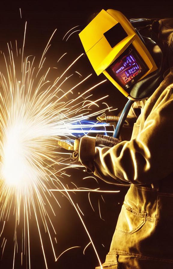 Welder in protective gear with helmet and gloves working with bright sparks