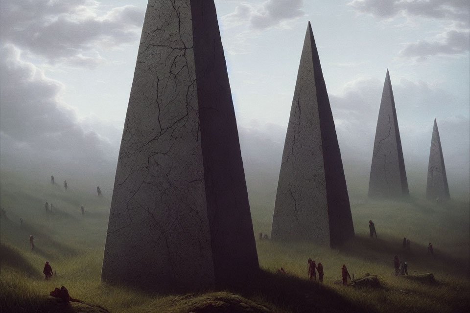 Mystical landscape featuring towering dark monoliths in foggy field