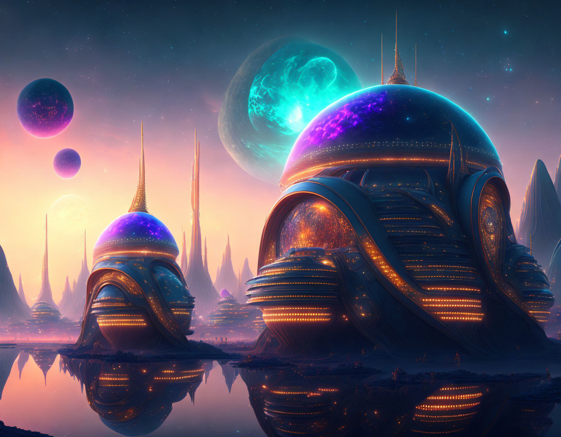 Futuristic cityscape with domed structures and golden lights under twilight sky