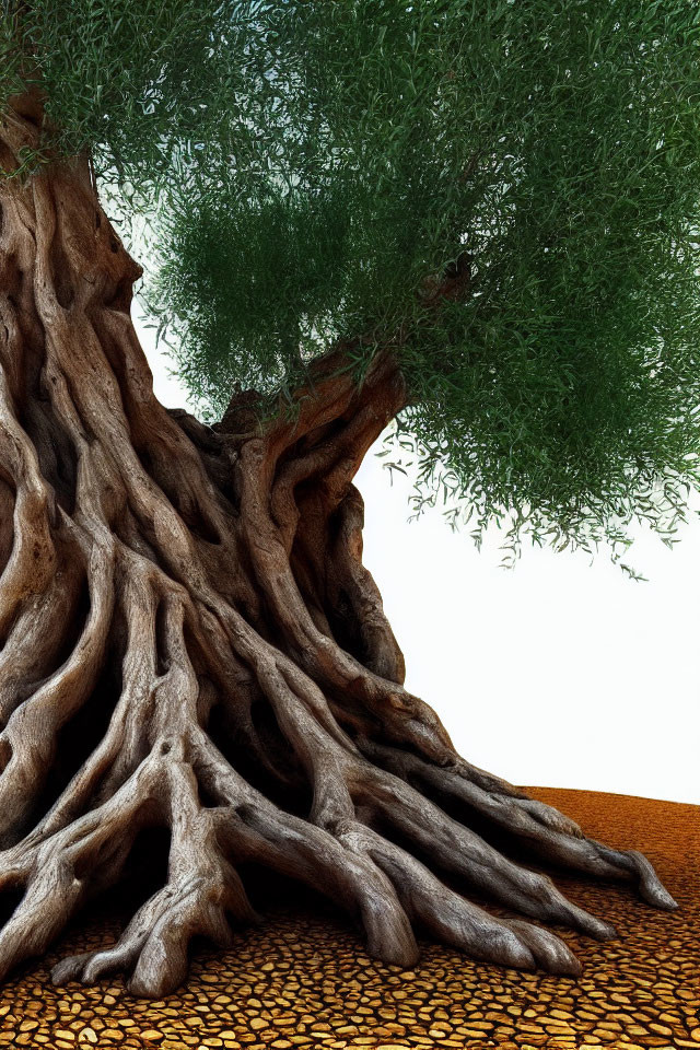 Textured tree trunk with sprawling roots and green leafy canopy