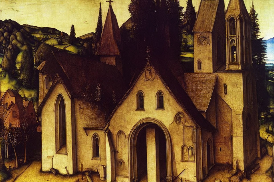 Medieval church painting with pointed bell tower and houses under cloudy sky