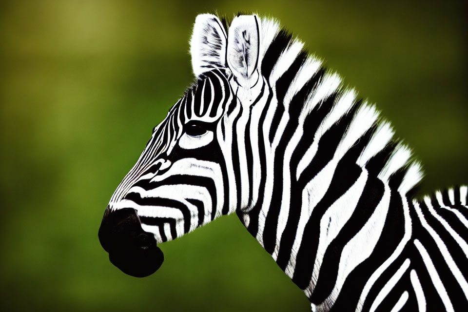 Zebra's head with black-and-white stripes on blurred green background