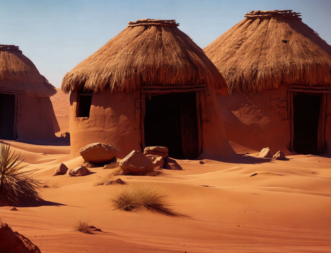 Traditional mud and straw huts in red sand dunes under clear blue sky