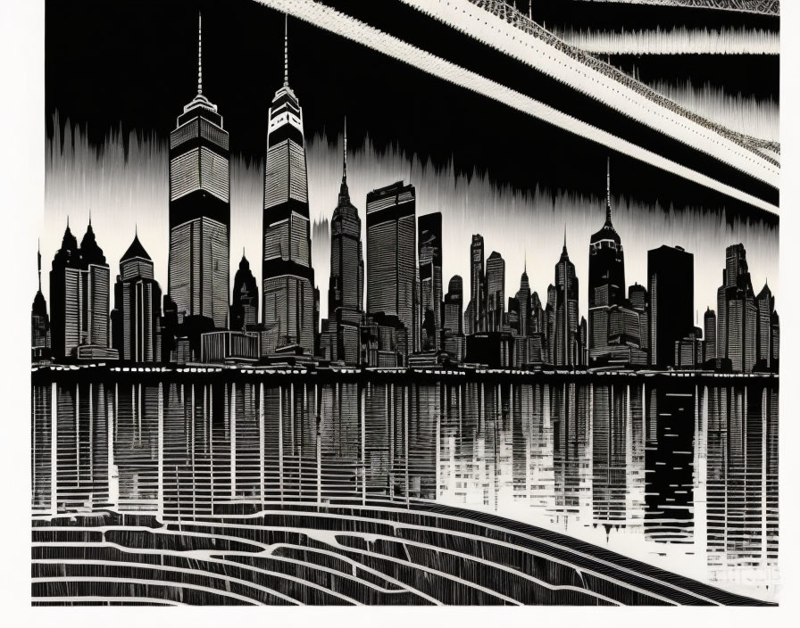 Monochrome city skyline with reflected buildings and skyscrapers above water