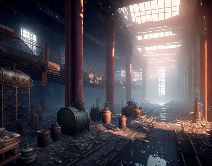 Sunlit industrial interior with scattered barrels and debris.