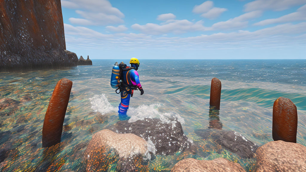 Colorful Diver in Yellow Helmet on Rocky Shore with Rusted Pillars