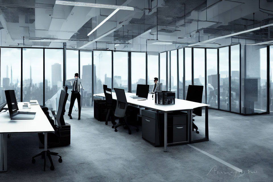 Modern Office with City View, Computers, and Two Workers