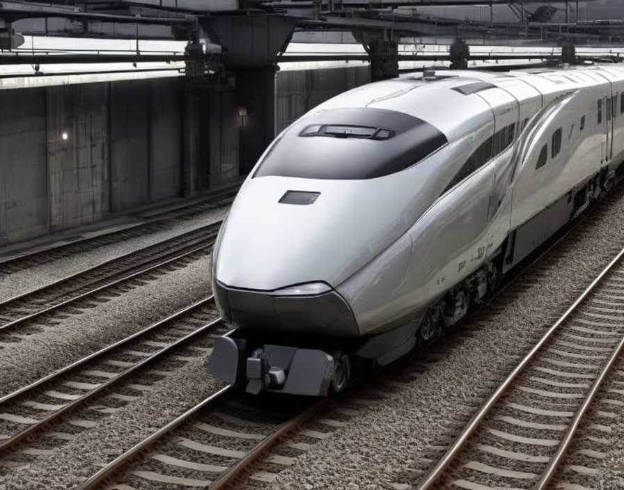 Modern high-speed train on tracks with catenary system in industrial setting