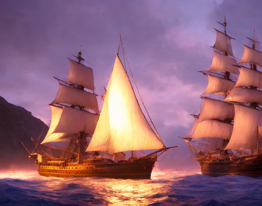 Tall ships with billowing sails on pink-hued seas at sunset