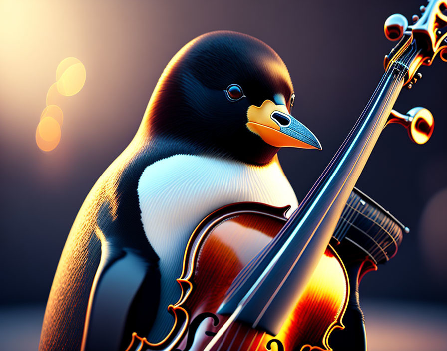 Stylized penguin with violin in warm lighting and bokeh effect