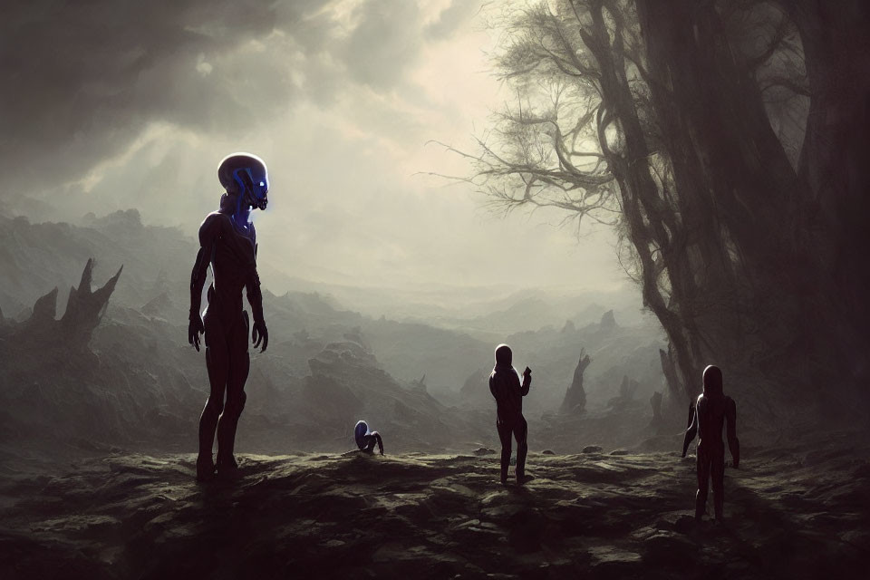 Luminous-headed alien beings in desolate rocky landscape