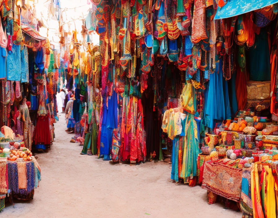 Colorful Textiles and Traditional Wares in Vibrant Market Alley