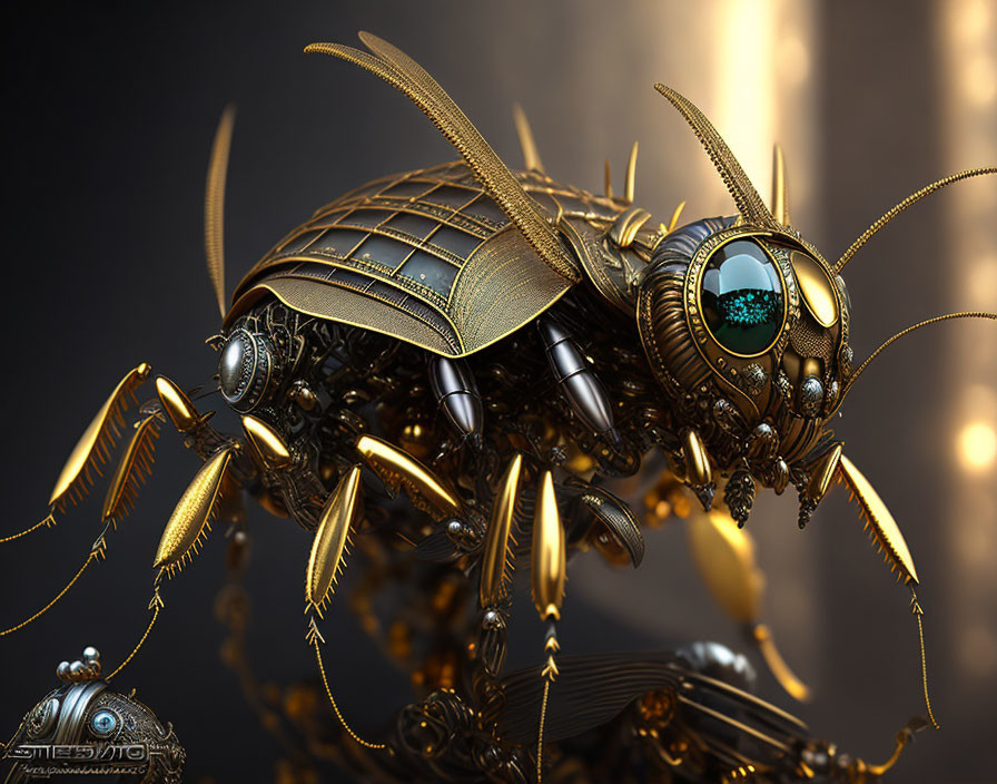 Detailed 3D illustration of a gold and black mechanical bee