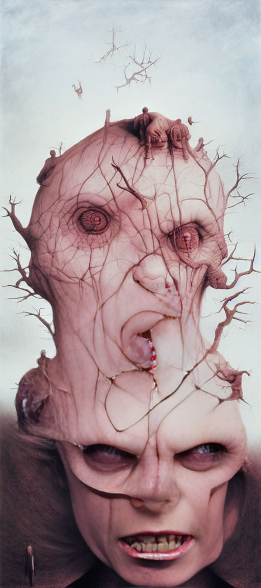 Distorted face with eerie features and tree branches in surreal image